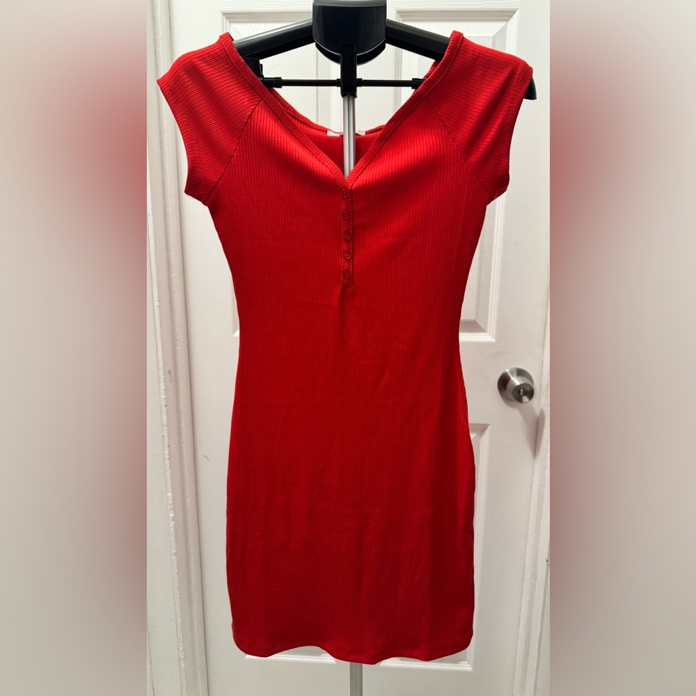No Comment Red Ribbed Button-Front Dress